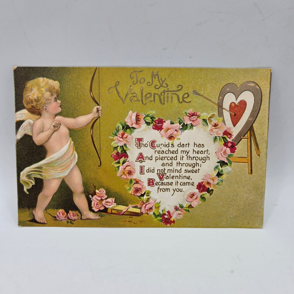 Antique Embossed Valentine Postcard Cupid Bow Roses Heart Target P.C. 208